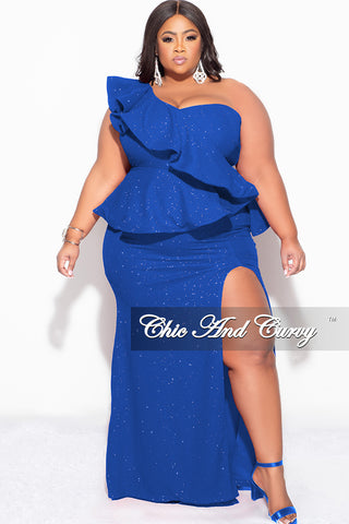 Final Sale Plus Size One Shoulder Layered Ruffle Gown in Royal Blue Glitter
