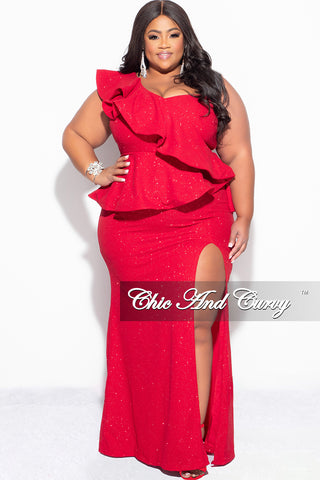 Final Sale Plus Size One Shoulder Layered Ruffle Gown in Red Glitter