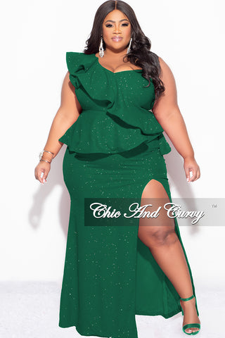 Final Sale Plus Size One Shoulder Layered Ruffle Gown in Green Glitter