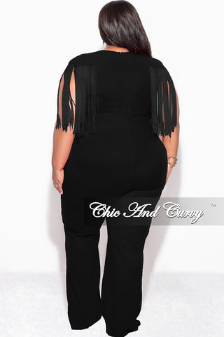 Final Sale Plus Size Fringe Shoulder Faux Wrap Jumpsuit Black