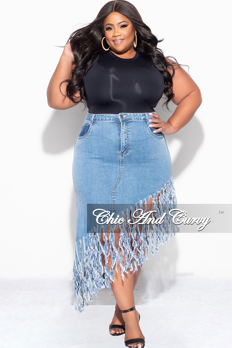 Final Sale Plus Size Fringe Asymmetric Skirt in Denim