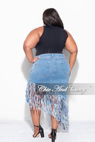 Final Sale Plus Size Fringe Asymmetric Skirt in Denim