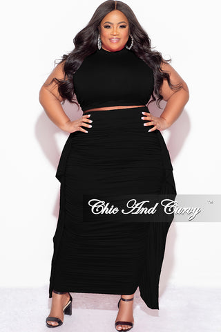 Final Sale Plus Size 2pc Tank Crop Top and Ruffle Skirt Set in Black