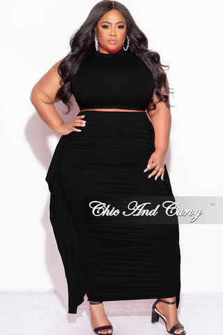 Final Sale Plus Size 2pc Tank Crop Top and Ruffle Skirt Set in Black