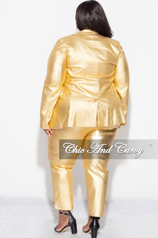 Final Sale Plus Size 2pc Faux Leather Straight Leg Pants Suit in Bright Gold