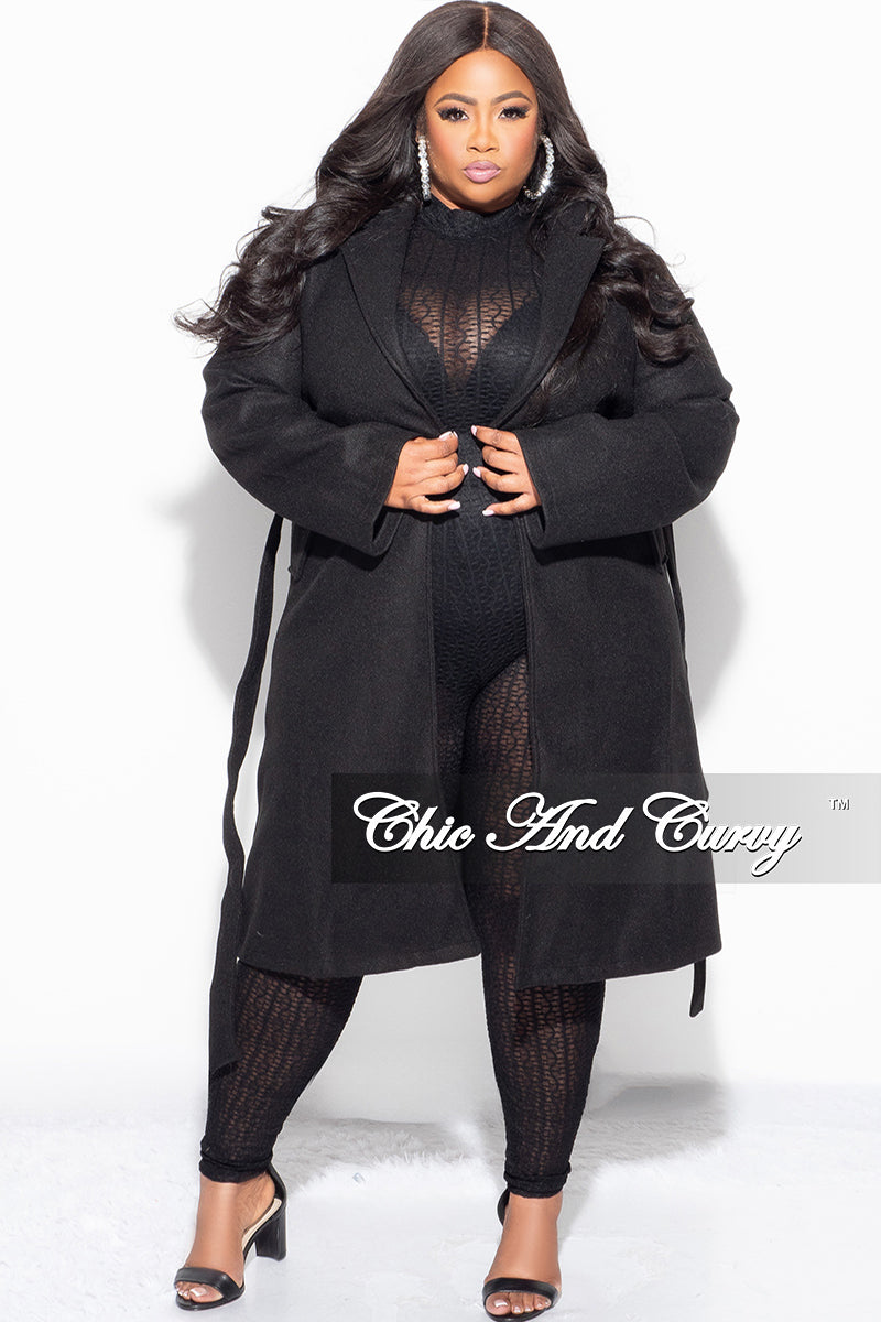 Final Sale Plus Size Wool Trench Coat with Tie in  Black