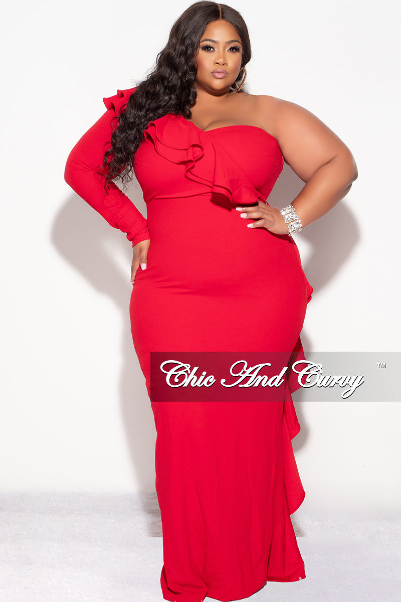 Final Sale Plus Size One Shoulder Ruffle Trim Gown in Red - 1x 14/16 Final Sale Plus Size One Shoulder Ruffle Trim Gown in Red - 1x 14/16