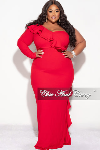 Final Sale Plus Size One Shoulder Ruffle Trim Gown in Red