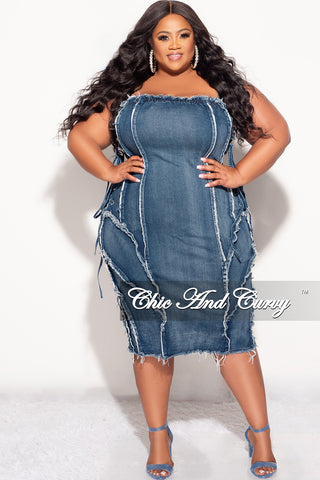 Final Sale Plus Size Strapless Distressed Dress with Lace Up Sides in Denim