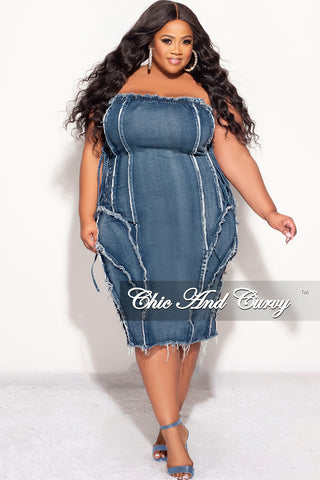 Final Sale Plus Size Strapless Distressed Dress with Lace Up Sides in Denim