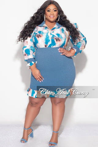 Final Sale Plus Size Collar Satin Button Up Dress with Ruffle Bottom in Blue Multi Color Print