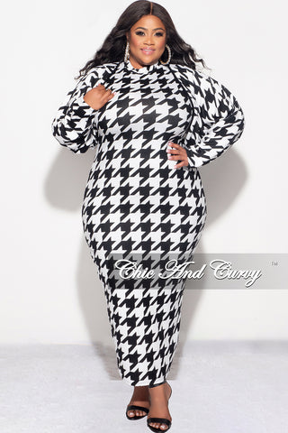 Final Sale Plus Size 2pc Sleeveless Midi Dress with Crop Cardigan Black and White Houndstooth Print