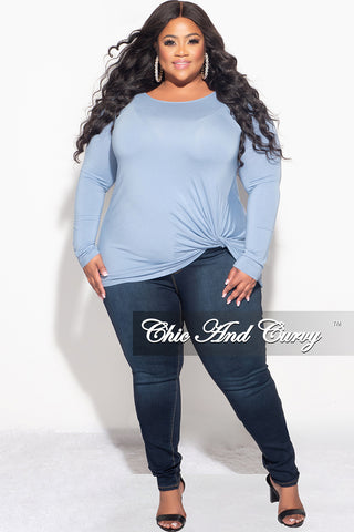 Final Sale Plus Size Long Sleeve Top with Knotted Front in Ice Blue