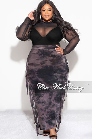 Final Sale Plus Size High Waist Fringe Trim Pencil Skirt in Black and Purple Tie Dye Print
