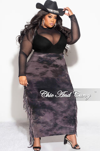 Final Sale Plus Size High Waist Fringe Trim Pencil Skirt in Black and Purple Tie Dye Print