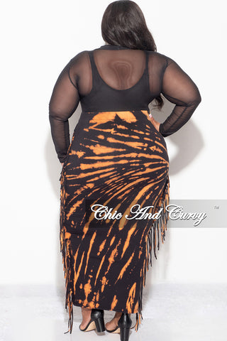 Final Sale Plus Size High Waist Fringe Trim Pencil Skirt in Black and Orange Tie Dye Print
