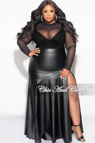 Final Sale Plus Size Faux Leather Maxi Skirt with Front High Slit in Black