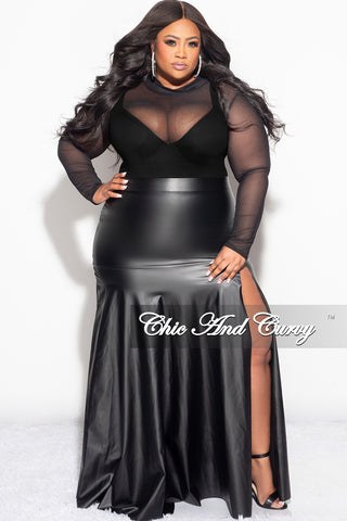 Final Sale Plus Size Faux Leather Maxi Skirt with Front High Slit in Black
