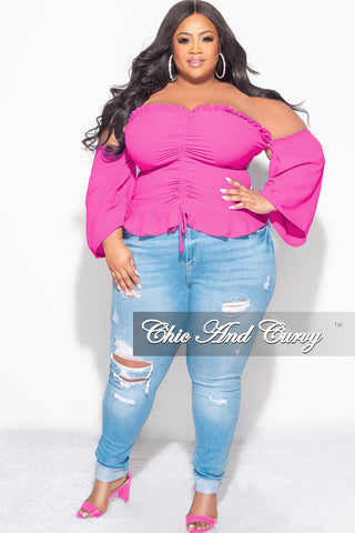Final Sale Plus Size Off the Shoulder Frill Top with Middle Drawstring in Pink