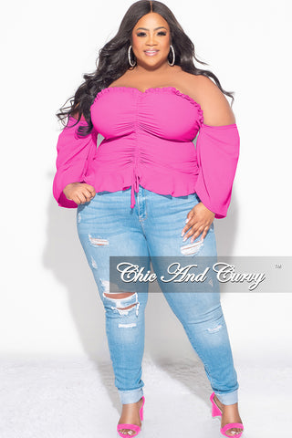 Final Sale Plus Size Off the Shoulder Frill Top with Middle Drawstring in Pink