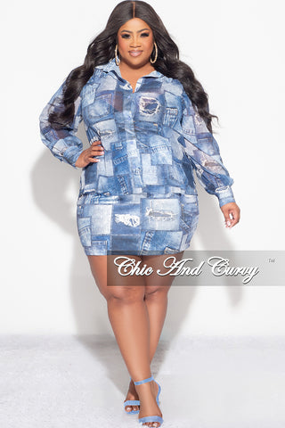 Final Sale Plus Size 2pc Collar Button Up Top And Skirt Set in Denim Print