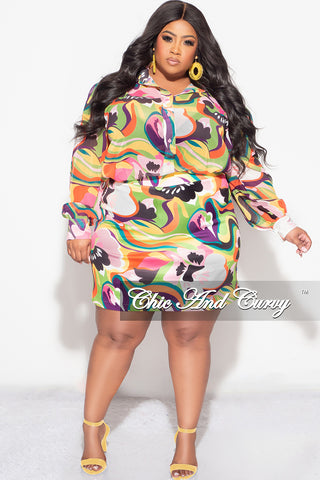 Final Sale Plus Size 2pc Collar Button Up Top and Skirt Set in Multi Color Print