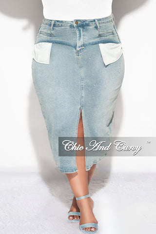 Final Sale Plus SizE Button Up Skirt with Front Slit in Light Denim