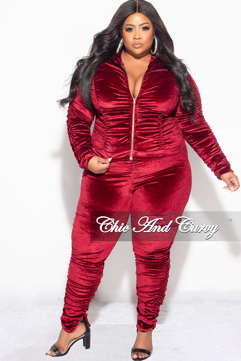 Final Sale Plus Size 2pc Ruched Hooded Zip-Up Top and Pants Set in Burgundy Velvet