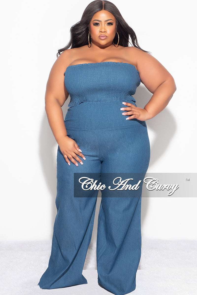 Final Sale Plus Size 2pc Strapless Crop Top and Pants Set in Denim
