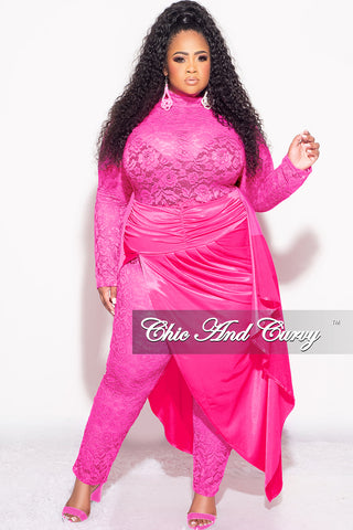 Final Sale Plus Size 2pc Lace Jumpsuit Set with Satin Skirt in Hot Pink