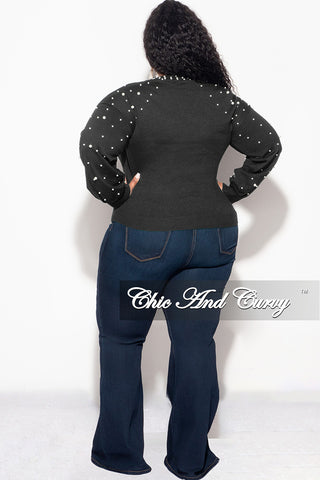 Final Sale Plus Size Black Sweater with Pearl Detailed Sleeves