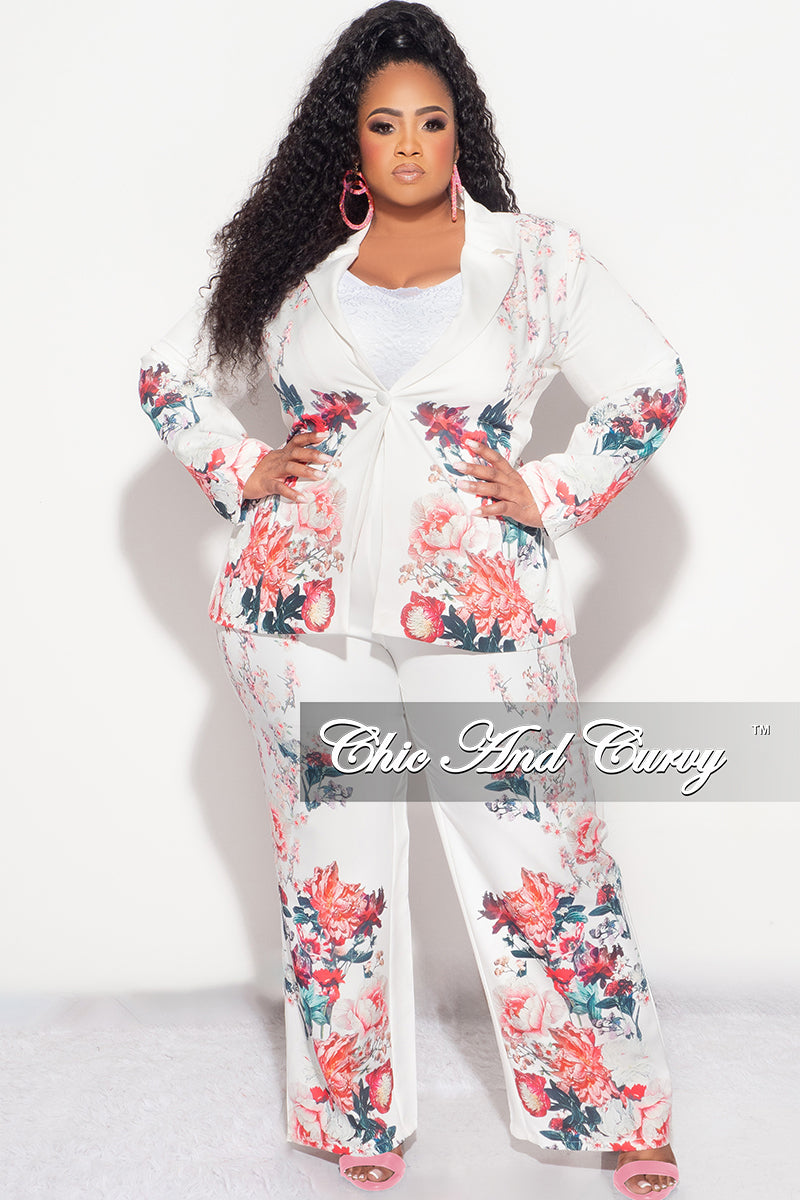 Final Sale Plus Size 2pc Suit with Jacket & Pants in White Floral Print