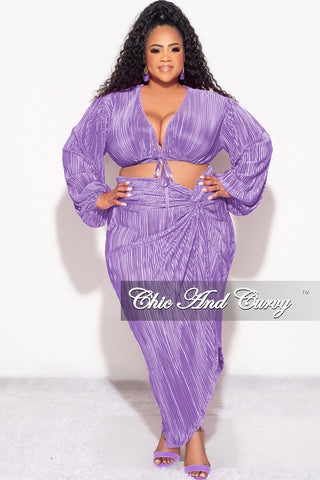 Final Sale Plus Size 2pc Pleated Crop Tie Top & Wrap Skirt Set in Lavender