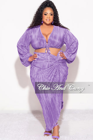 Final Sale Plus Size 2pc Pleated Crop Tie Top & Wrap Skirt Set in Lavender