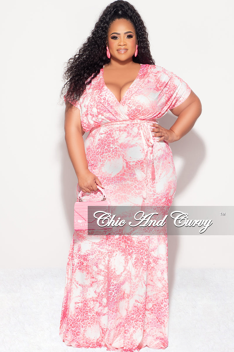 Final Sale Plus Size Faux Wrap Dress with Attached Tie in Pink Animal Print