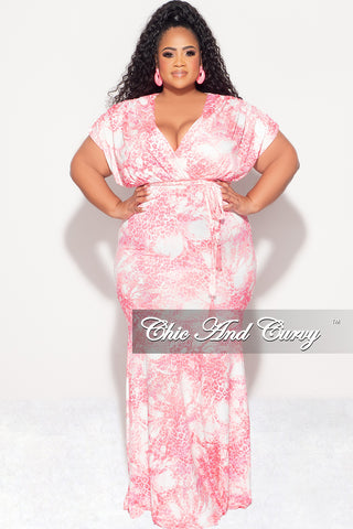 Final Sale Plus Size Faux Wrap Dress with Attached Tie in Pink Animal Print