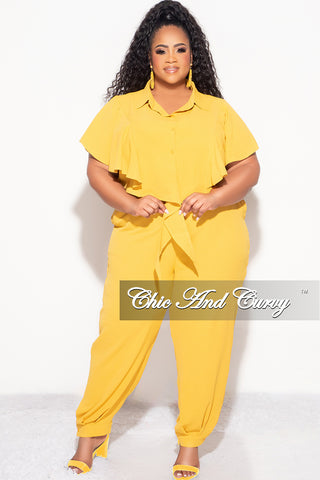 Final Sale Plus Size 2pc Button Up Collar Top and Pants Set in Mustard