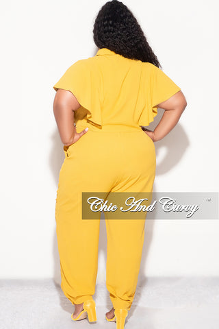 Final Sale Plus Size 2pc Button Up Collar Top and Pants Set in Mustard