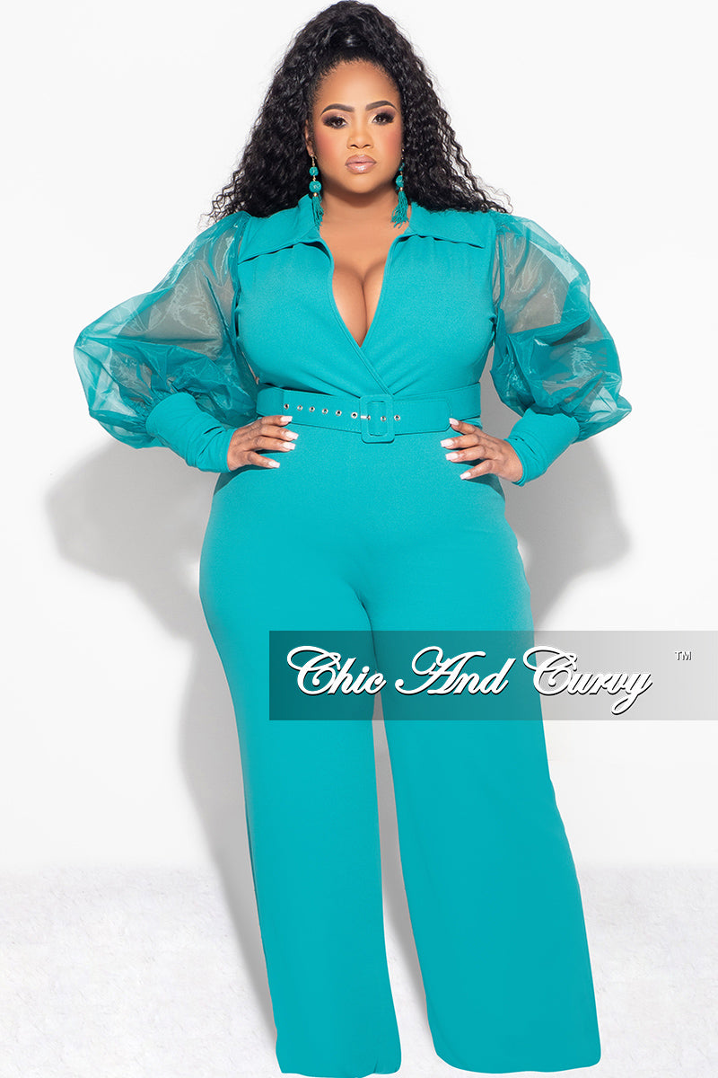 Final Sale Plus Size Faux Wrap Collar Jumpsuit with Sheer Sleeves in Jade