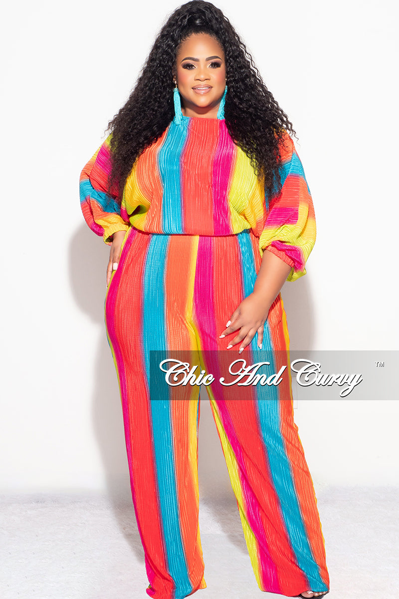 Final Sale Plus Size Off the Shoulder Pleated Tie Top and Palazzo Pants Set in Multi Color Print