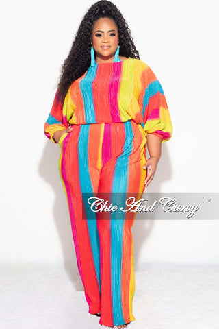 Final Sale Plus Size Off the Shoulder Pleated Tie Top and Palazzo Pants Set in Multi Color Print