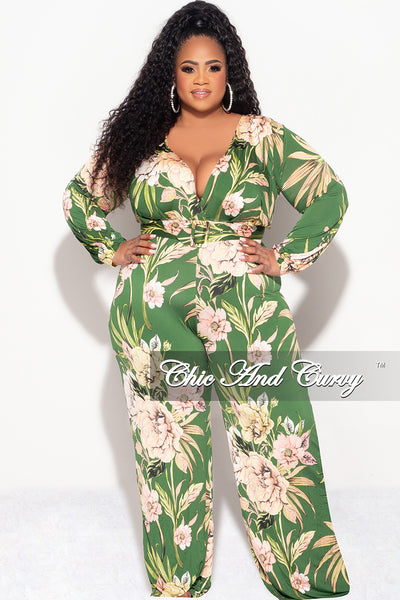 Final Sale Plus Size Faux Wrap Jumpsuit with Waist Tie in Olive & Pink  Floral Print