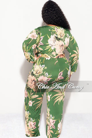 Final Sale Plus Size Faux Wrap Jumpsuit with Waist Tie in Olive & Pink Floral Print