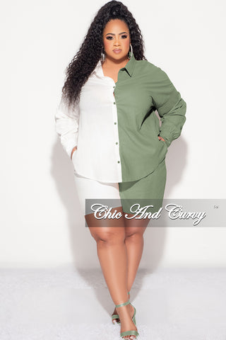 Final Sale Plus Size 2pc Collar Button Up Top and Short Set in Olive and White
