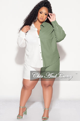 Final Sale Plus Size 2pc Collar Button Up Top and Short Set in Olive and White