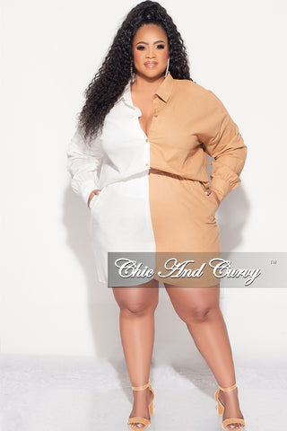 Final Sale Plus Size 2pc Collar Button Up Top and Short Set in Tan and White