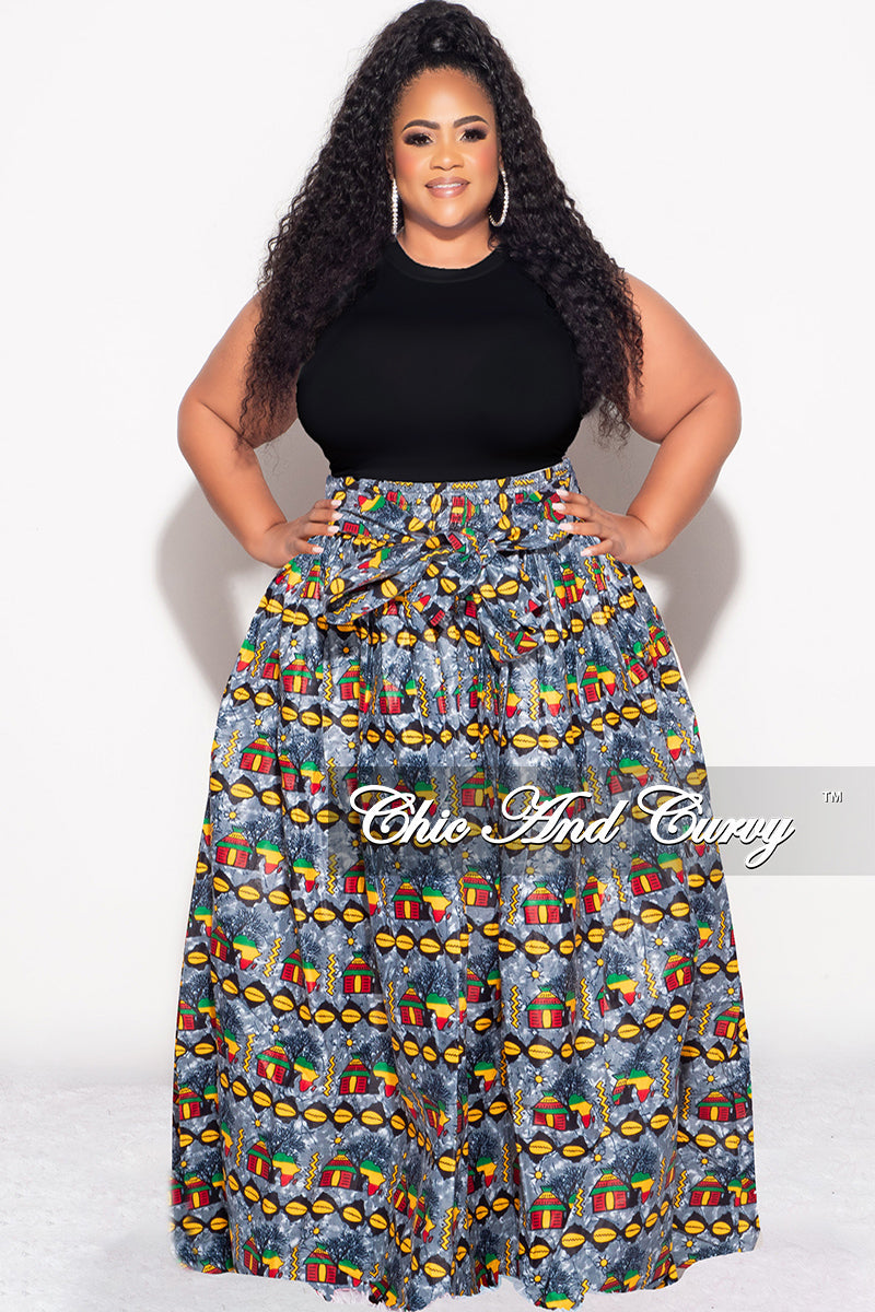 Final Sale Plus Size High Waist Maxi Skirt with Tie in Multi Color Design Print