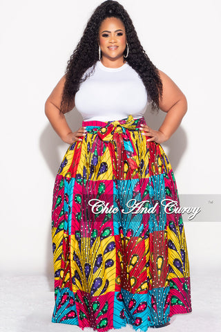 Final Sale Plus Size High Waist Maxi Skirt with Tie in Multi Color Design Print