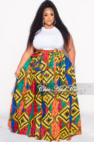 Final Sale Plus Size High Waist Maxi Skirt with Tie in Multi Color Checker Deign Print