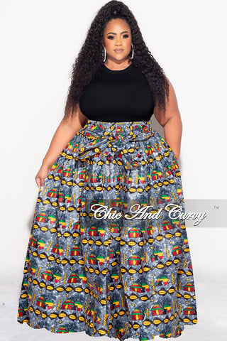 Final Sale Plus Size High Waist Maxi Skirt with Tie in Multi Color Design Print